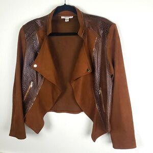 Maakif Brown Faux Suede Crocodile Snake Print Zipper Pocket Moto Bomber Jacket